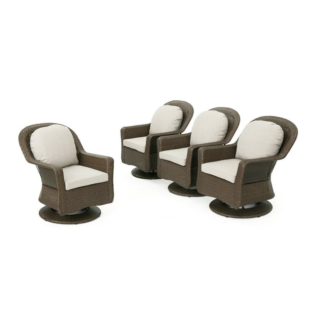 Lawrence Outdoor Wicker Swivel Club Chairs with Cushions, Brown,Ceramic