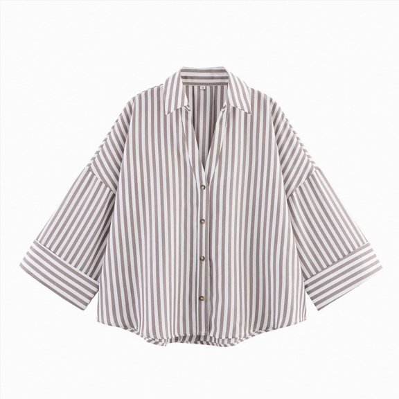 vigerkar Women Collared Striped Shirts Button Down Long Sleeve Blouses | Daily Outfits,Office ,Vacation ,Loose ,Striped ,Collared Blouse,Travel,Spring Street (Grey, M)