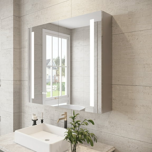 36x30 inch Bathroom Medicine Cabinet with Mirror, Recessed or Wall Mounted Aluminium Large Storage Vanity Mirror Cabinet, Anti-Fog Adjustable LED Lights