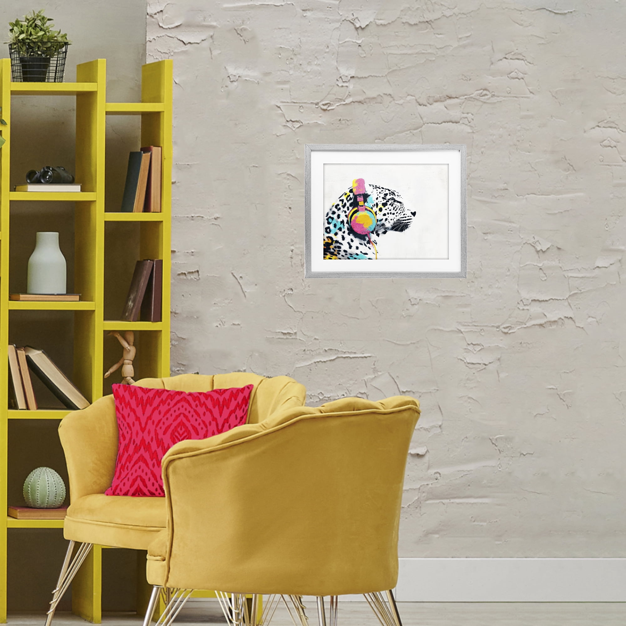 Stupell Industries Leopard On Air Headphones Gray Framed Print Under Glass, design by Svetlana Aleynikova