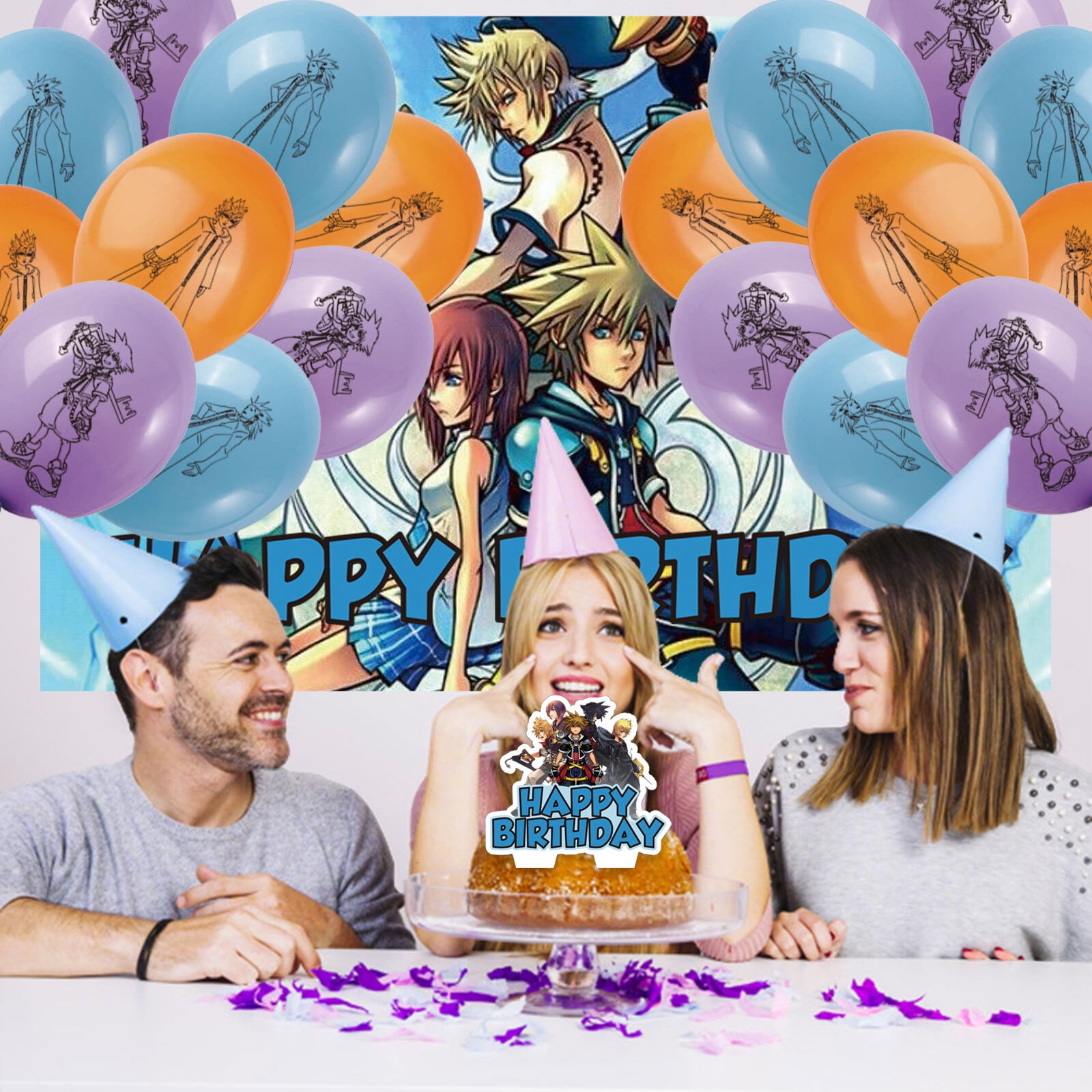 32 Pcs For Kingdom Hearts Cartoon-Themed Party Decorations and Favors Set – Backdrop, 13 Cupcake Toppers, and 18 Balloons for Celebration Birthday Parties