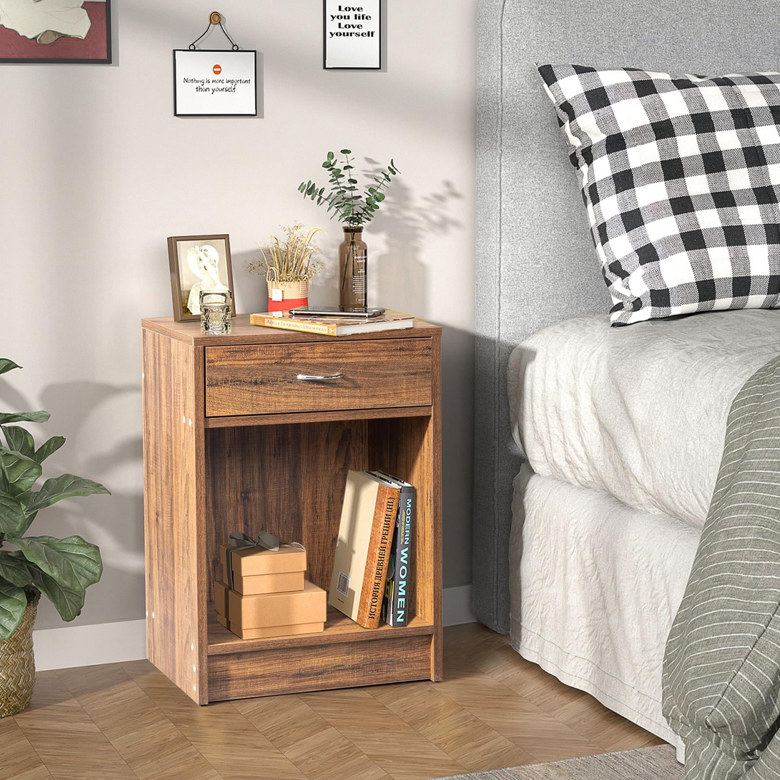 UBesGoo Bedroom Night Stand Bedside Table Furniture Open Storage W/ Drawer Storage,Vintage Color