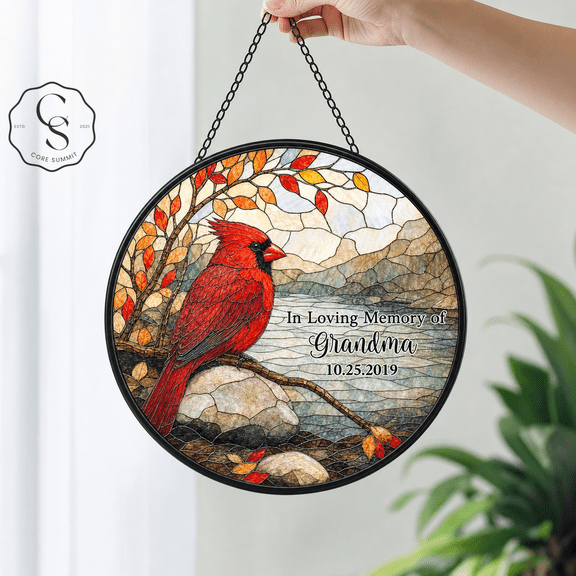 Stained Glass Suncatcher Cardinal Memorial Window Hanging for Grandma Remembrance