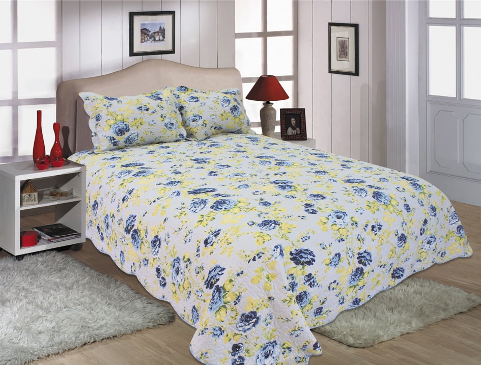 Details about   Blue Quilted Bedspread & Pillow Shams Set Abstract Flowers Hearts Print