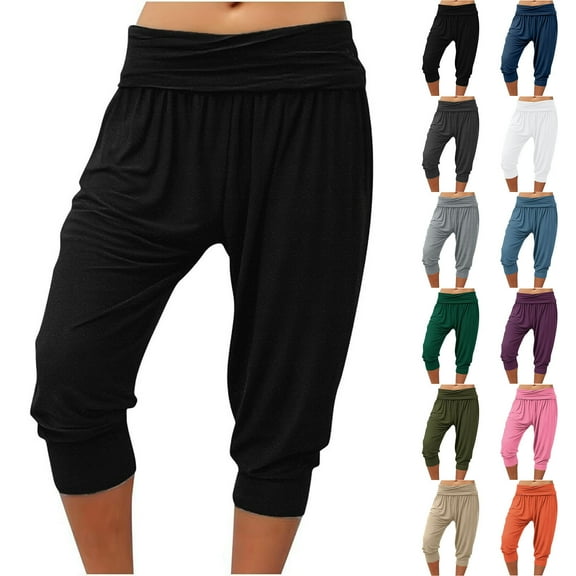 Summer Pants for Women Trendy Stretchy High Waisted Solid Color Beam Foot Cropped Capris Trouser Army Green Running Lounge Pant L