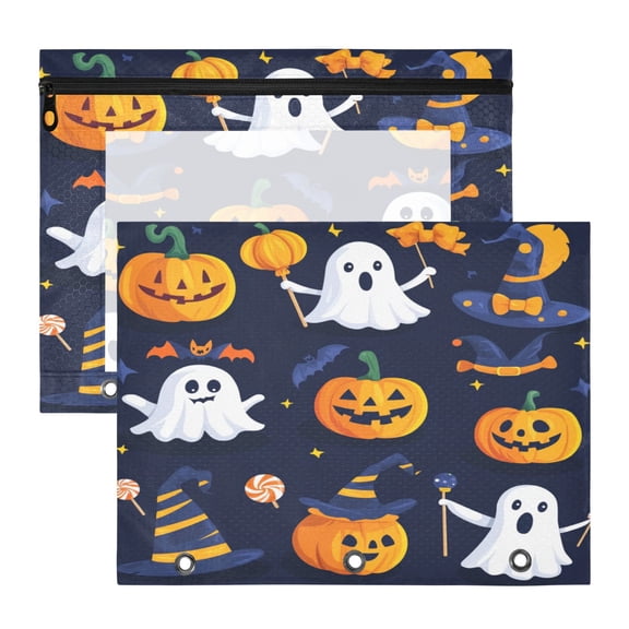 2Pcs A4 Document Pouch Set 3 Ring Binder Pencil Pouch Clear Window Pencil Case for Binder for Home, Office Black Background Halloween Elements