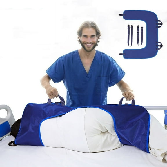 ENLUNTRA Positioning Sheet - Transfer Sheet for Turning and Repositioning U-Shaped , Multipurpose Bed Pad with Reinforced Handles, Turning Device for Elderly, Bed Patients (Blue Size-L)