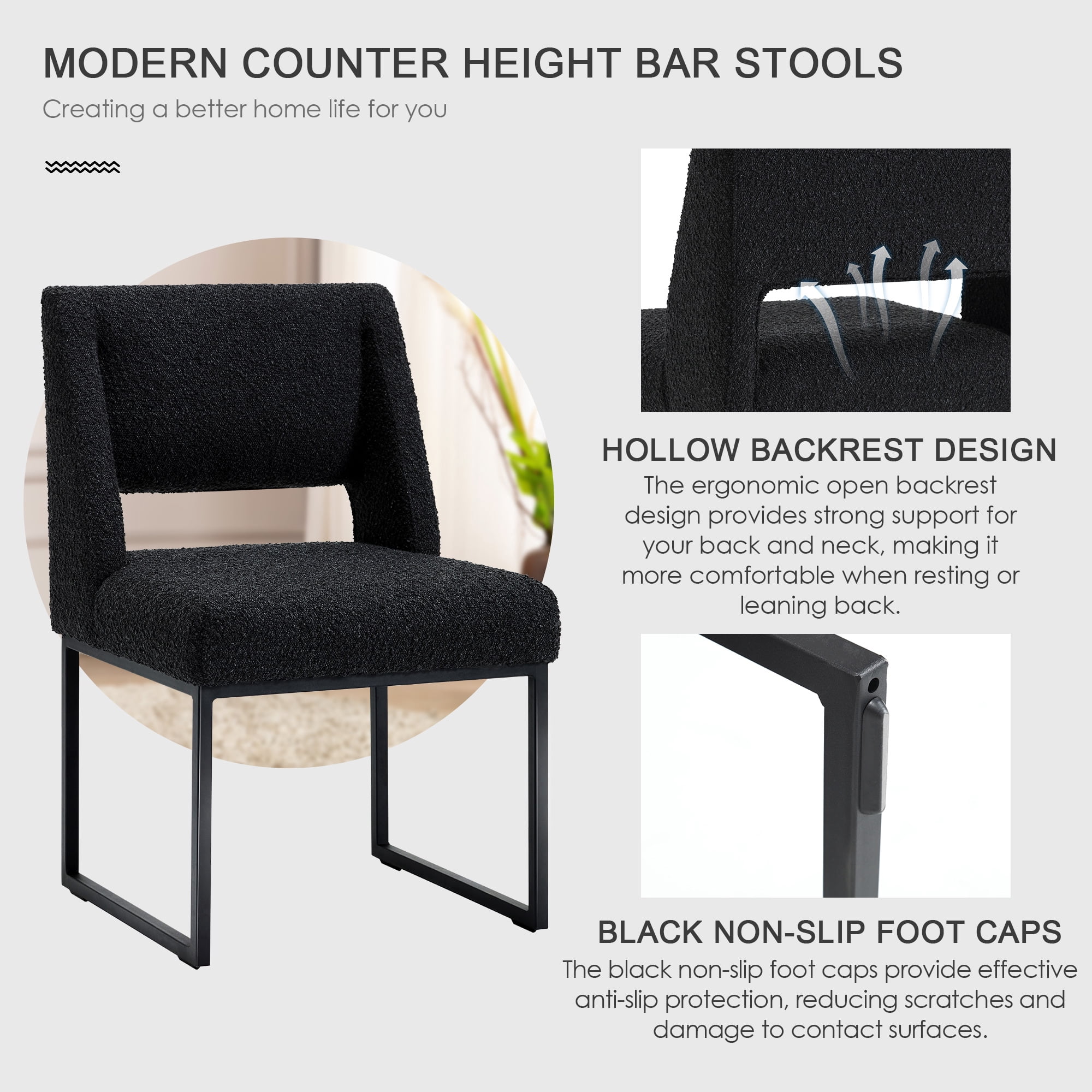 Zesthouse 18.3" Modern Dining Chairs Set of 4, Boucle Fabric Dining Room Chairs with High Back and Metal Legs, Armless Upholstered Side Chair for Dining Room Kitchen, Black