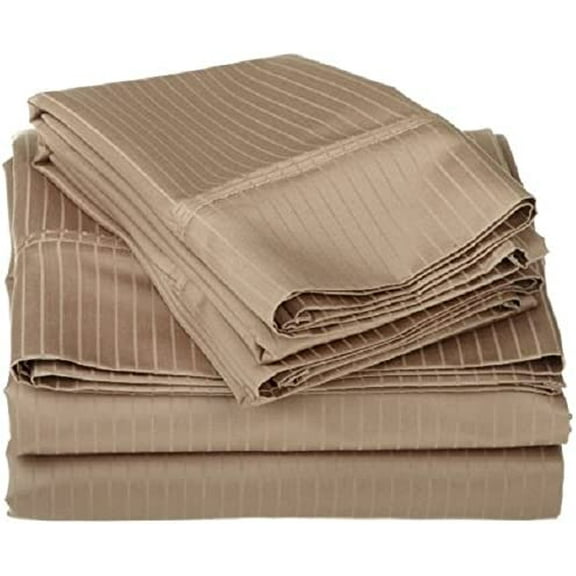 26-30 inches Extra Fit Deep Pocket Hotel Finish Adjustable Room 1-Piece- Fitted- Sheet Both Pattern Solid/Stripe 500 Thread Count 100% Pima Cotton (King, Stripe,Beige).