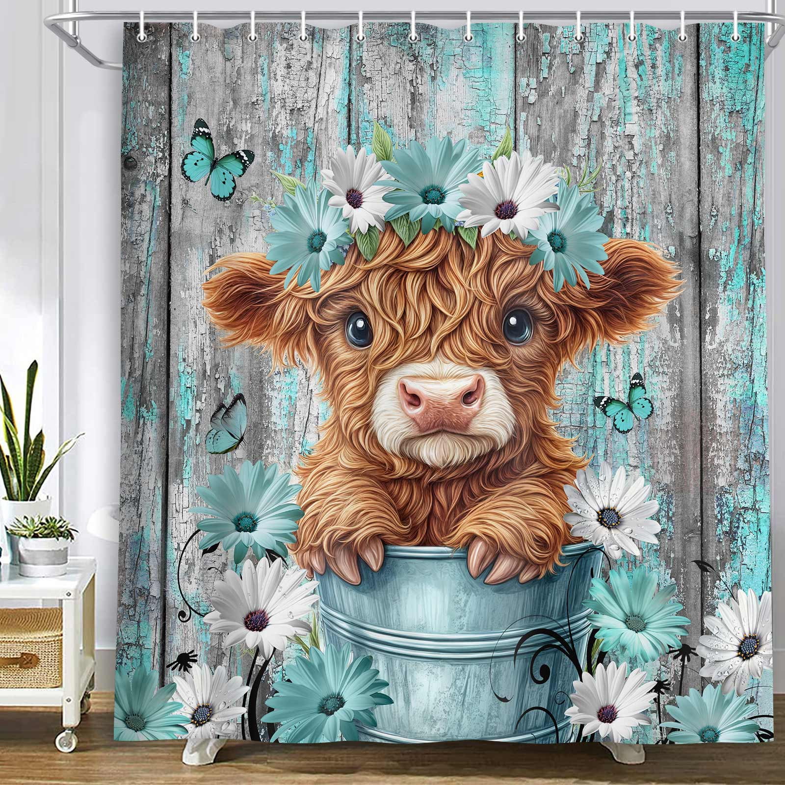 Funny Highland Cow Shower Curtain for Bathroom Decor, Teal Farm Teal Daisy Floral Flowers and Butterfly on Country Wooden Farmhouse Bath Curtain Country Animal Flower Waterproof 12 Hooks 54X72in