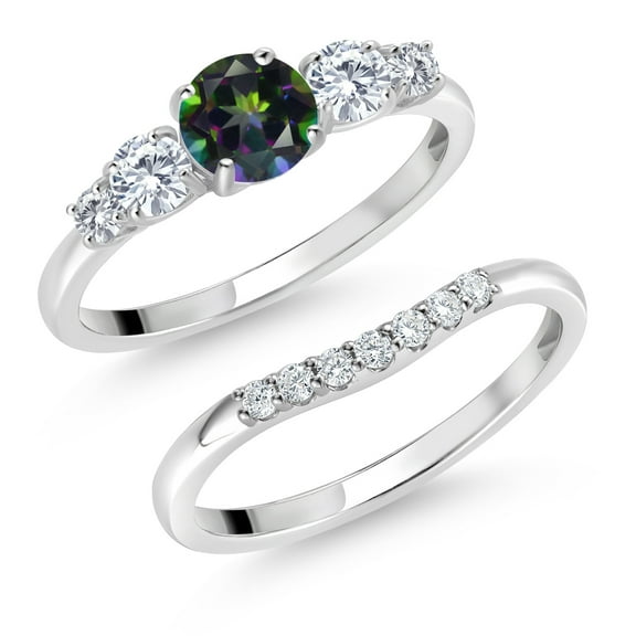Gem Stone King 10K White Gold Green Mystic Topaz and White Lab Grown Diamond 5 Stone Bridal Engagement Wedding Ring Set for Women (0.86 Cttw, Round: 5MM and 3MM, Size 6)