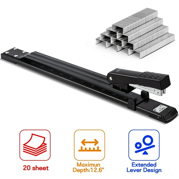 Deli Long Reach 20 Sheet Stapler with 1000 Staples, Long Arm Standard Staplers for Booklet or Book Binding, Black