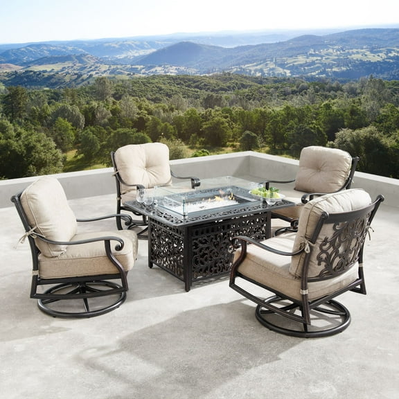 Outdoor Living and Style 5-Piece Brown and Black Fire Table with Deep Seating Swivel Rocking Chairs