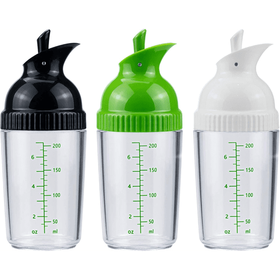 3-Pack Salad Dressing Bottles 7 oz Dressing Blender Bottles Shaker Cups Black, White and Green