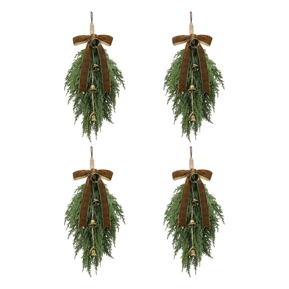 20 Inch Real Touch Norfolk Pine Christmas Swag Teardrop Wreath Velvet Ribbon Gold Bells Holiday Wall Decor Artificial Greenery Xmas Door Hanging Decoration