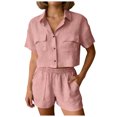 thumbnail image 3 of QGJZVUNL 2 Piece Sets for Women Summer Casual Short Sleeve Button Tops Elastic Waist Shorts Lounge Set Size M, 3 of 7