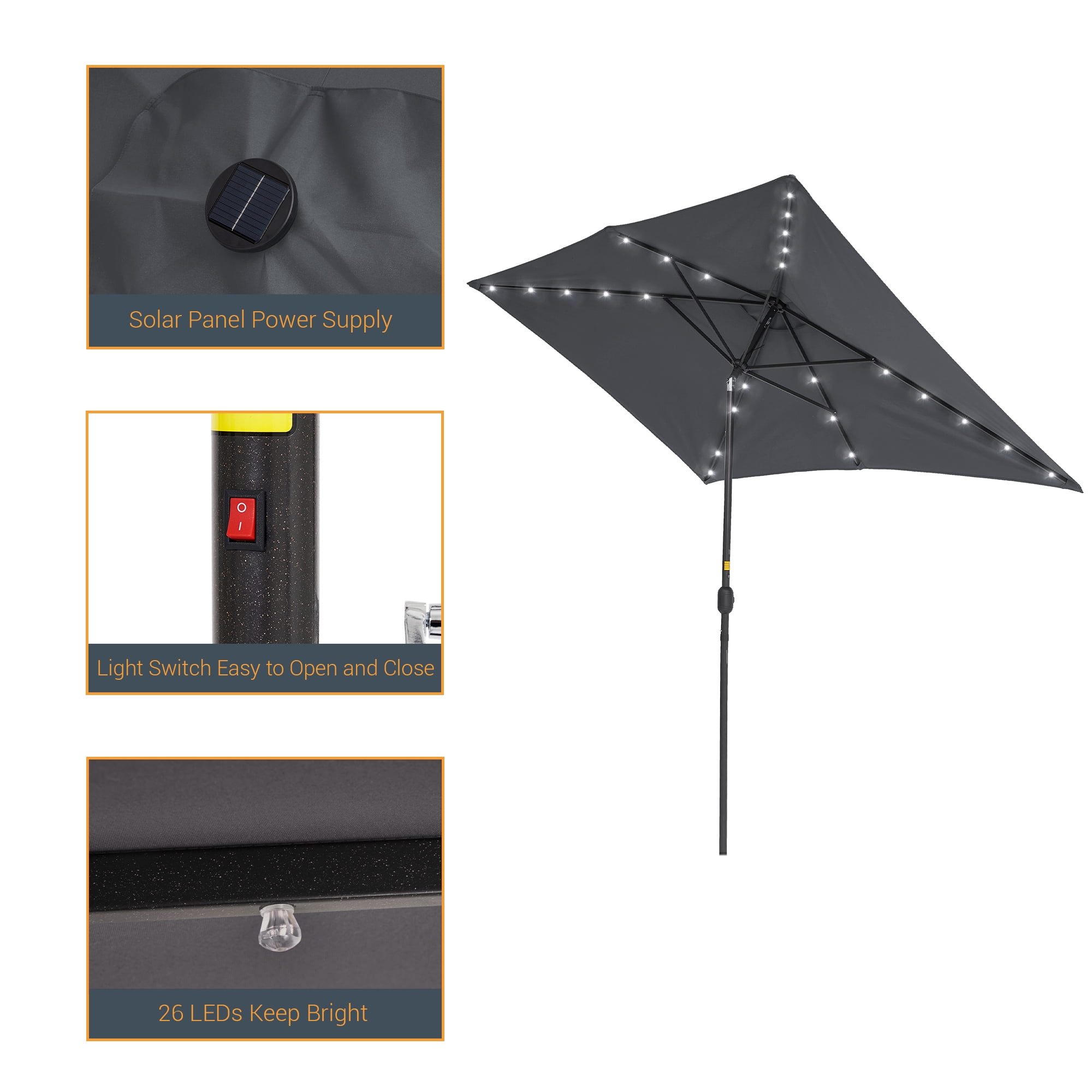 ACEGOSES 10x 6.5ft LED Solar Outdoor Patio Rectangle Table Umbrellas with Non-Fading Canopy for Garden and Yard,Anthracite