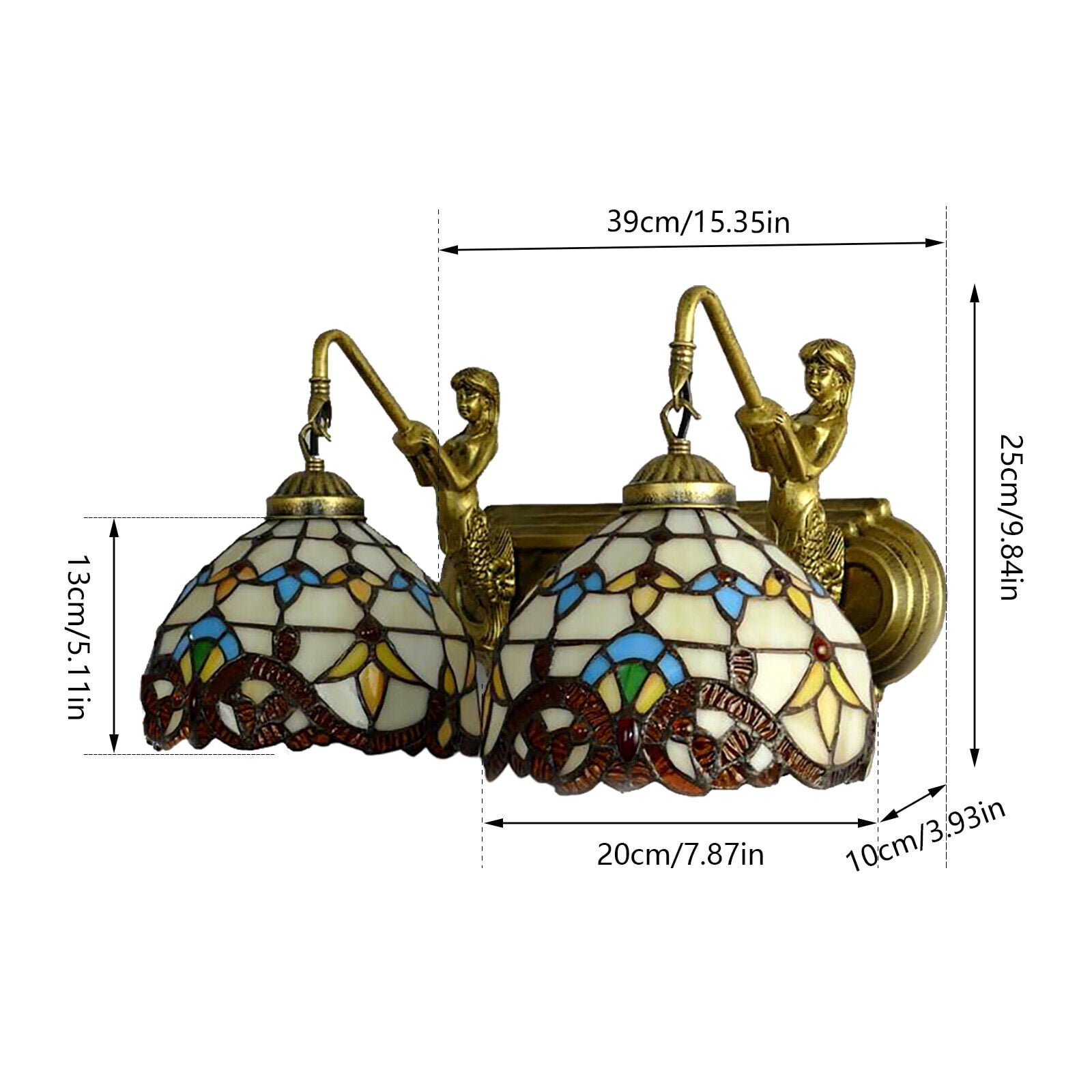 Miumaeov 2 Lights Tiffany Style Mermaid Wall Sconce Vanity Fixture Wall Lamp Stained Glass Wall Mounted Lighting Fixture