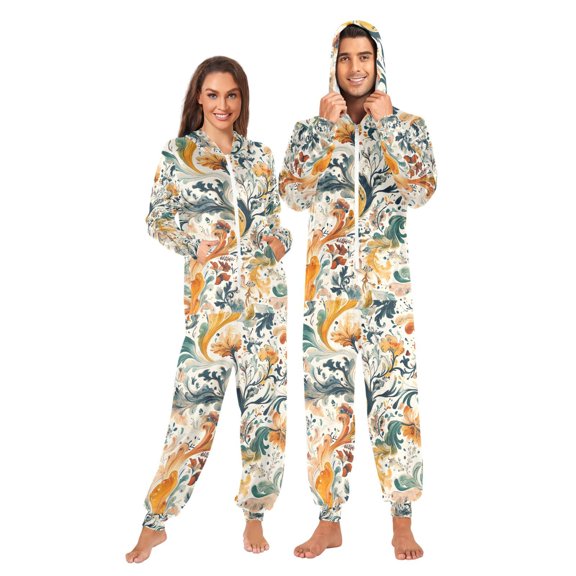 FORMRS Onesies Pajama for Adults Unisex Hoodie Winter Jumpsuit One Piece Sleepwear, Sizes S-2XL, Whimsical Leaves