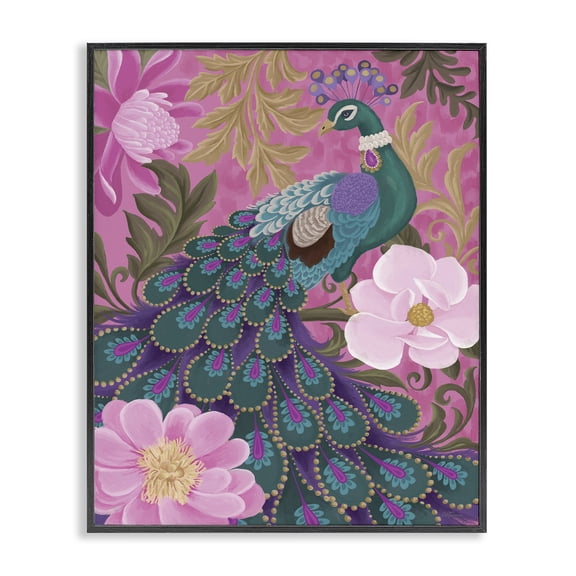 Stupell Industries Bohemian Peacock & Pink Blossoms Black Framed Giclee Art, 11 x 14, by Cat Thurman Designs