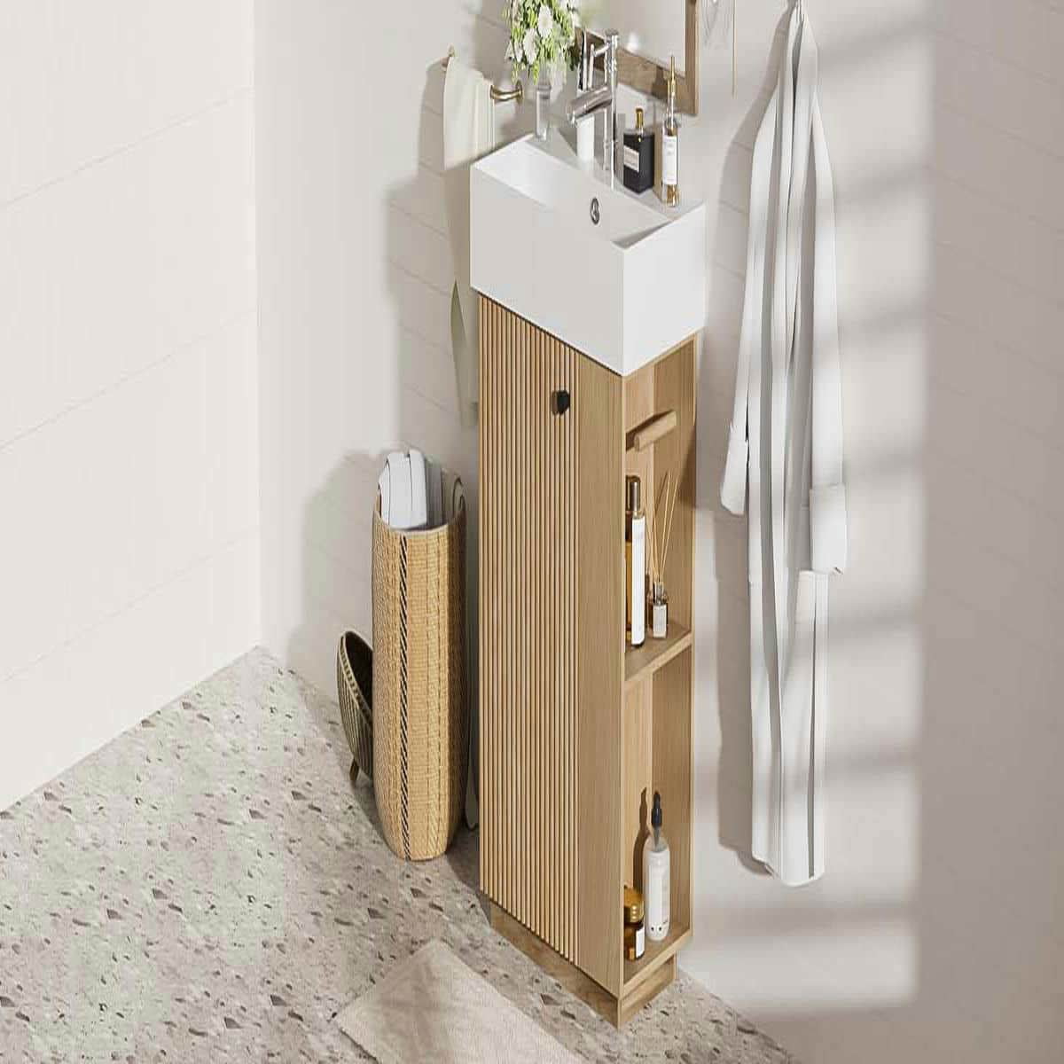 GVN Bathroom Storage Vanity,Bathroom Floor Cabinet,21.6" Bathroom Vanity with Ceramic Sink, Freestanding Modern Left Door Wood Grain Cabinet, Brown