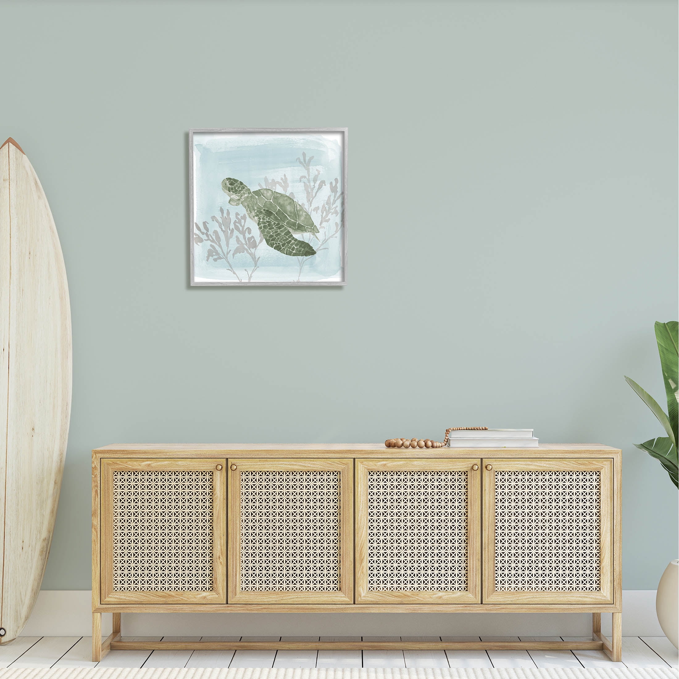 Sea Turtle Swimming Coral Scene Animals & Insects Graphic Art Gray Framed Art Print Wall Art