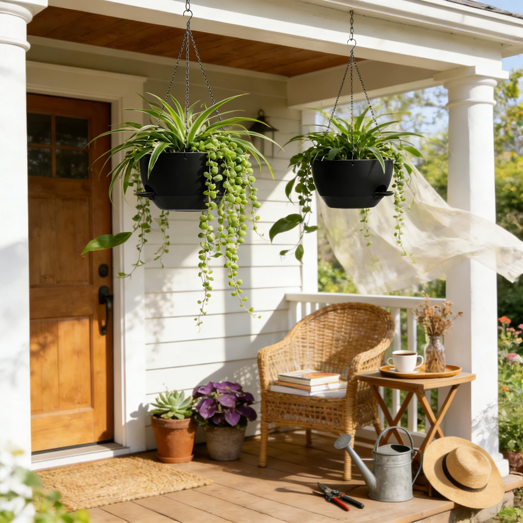 13 Inch 2 Pack Large Self Watering Hanging Planters For Indoor Outdoor Plants  Plant Pots With Removable 50 Oz Reservoir Plastic Basket Window Porch Garden Balcony Black
