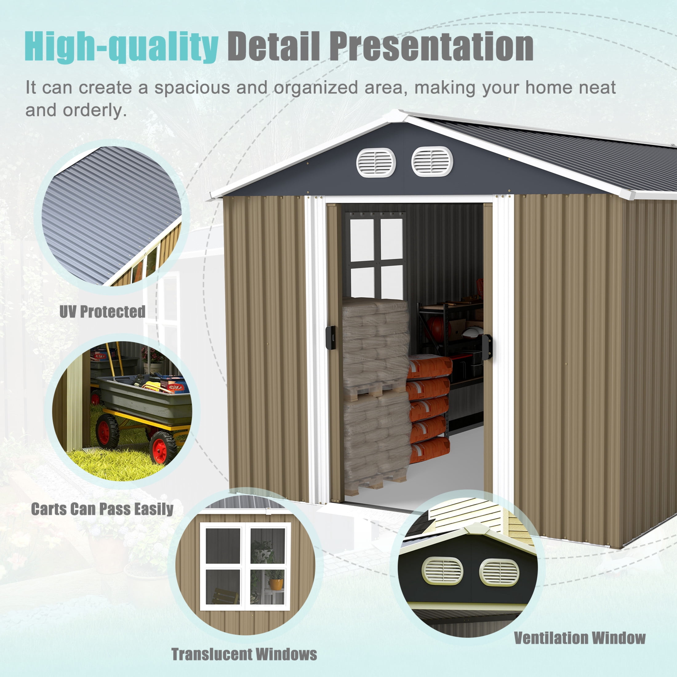 Noble House 8 x 12 FT Outdoor Metal Tool Storage Shed with Lockable Doors and Air Vents, Waterproof Garden Shed, Brown