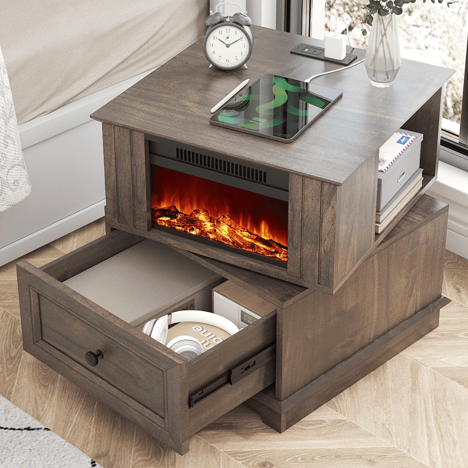 FAGAGA 19.7" Fireplace End Table with Charging Station, Rotating Square Side Table with Storage, Nightstand with Electric Fireplace Heater for Bedroom Living Room | Brown
