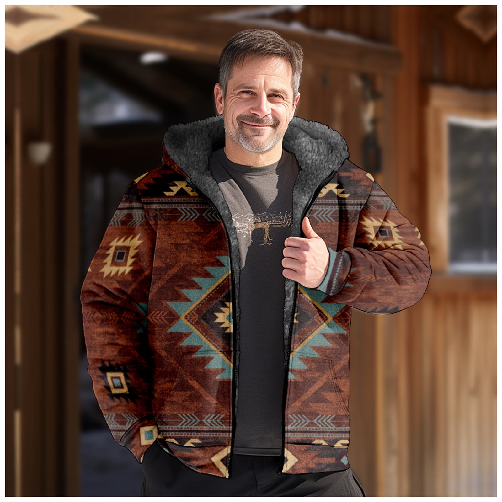 Wolfast Men s Hooded Fleece Jackets Sherpa Lined Print Winter Warm Coat Brown XL