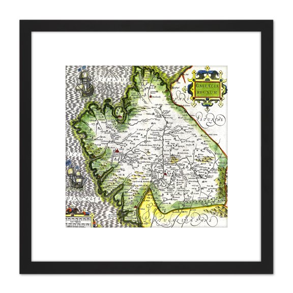 Map Antique Mercator 16th Century Galicia Old Replica 8X8 Inch Square Wooden Framed Wall Art Print Picture with Mount