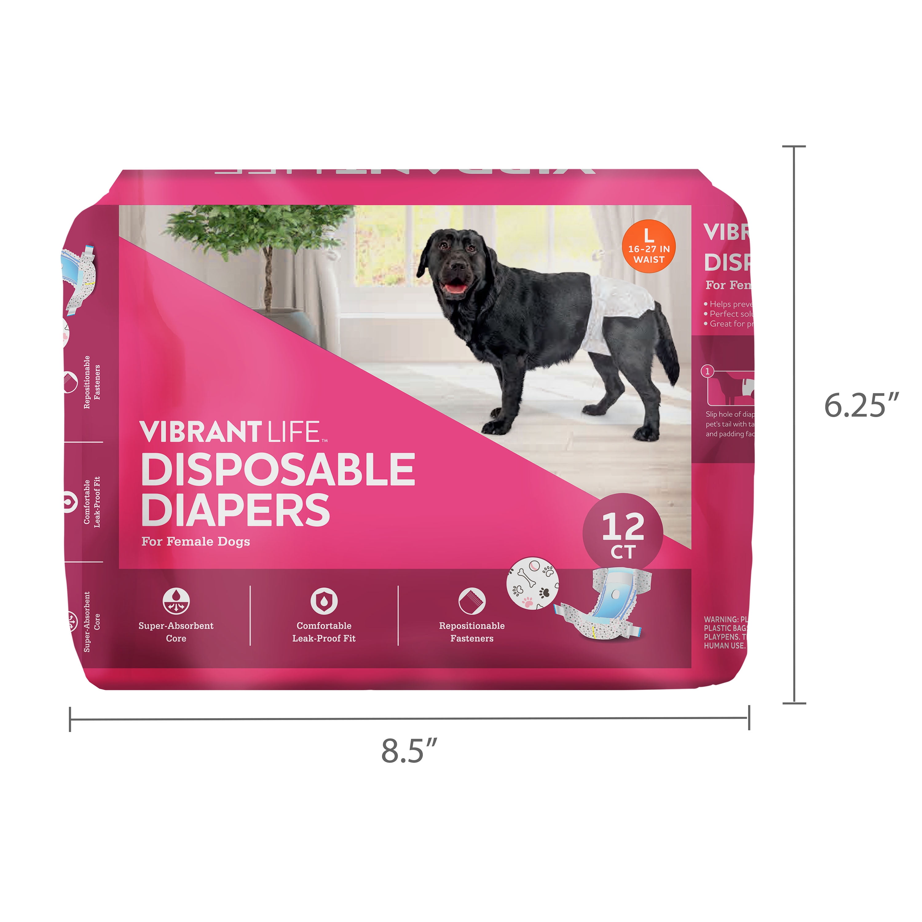 (4 pack) Vibrant Life Disposable Dog Diapers for Female Dogs, L, 12 Count