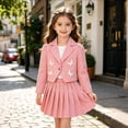 thumbnail image 2 of Girls 2 Piece Outfit Set, Butterfly Puff Sleeve Cropped Blazer and Elastic Waist Pleated Skirt, Cute Kids Suit for Back to School Daily Outdoor Casual Party Wear(Pink,4 Years), 2 of 4