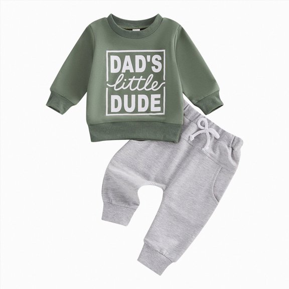 UAYOTSE Baby Boy Fall Winter Clothes Dads Little Long Sleeve Shirt And Pants Set Cute Toddler Boy Outfits(Green,18-24 Months)