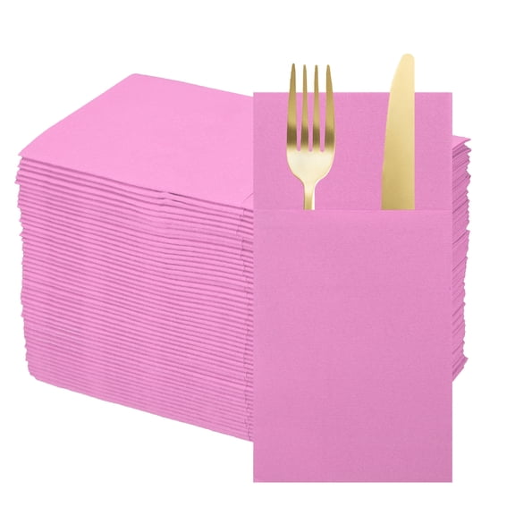 100 Pcs Disposable Linen Feel Napkins with Built-in Flatware Pockets, Paper Dinner Napkins for Knife and Forks Pink