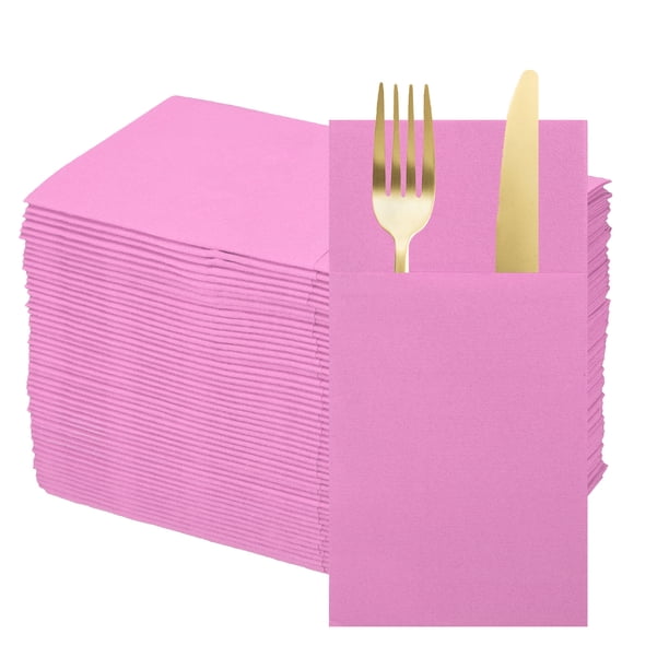 100 Pcs Servilletas Desechables con Sensación de Lino y Bolsillos para Cubiertos Incorporados, Servilletas de Papel para Cuchillo y Tenedor Rosa
