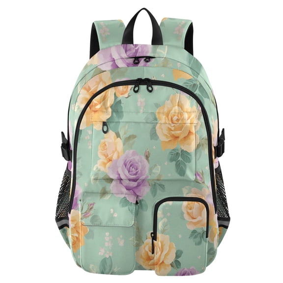 DIXRUYEE Rose Green Background Pattern Backpack for School 14”Laptop Compatible with Reflective Safety Strips