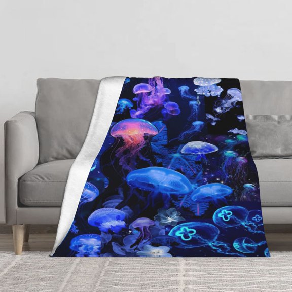 Colorful Glowing Jellyfish Deep Ocean Underwater Pattern Flannel Fleece Throw Blanket, Soft Warm Plush Nautical Ocean Throw Blanket for Indoor Sofa Bed Daily Use