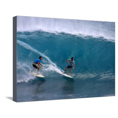 Bali Wave - Travellers Share Wave at Padang Padang, Pura Luhur Ulu Watu, Bali, Indonesia Stretched Canvas Print Wall Art By Paul Kennedy