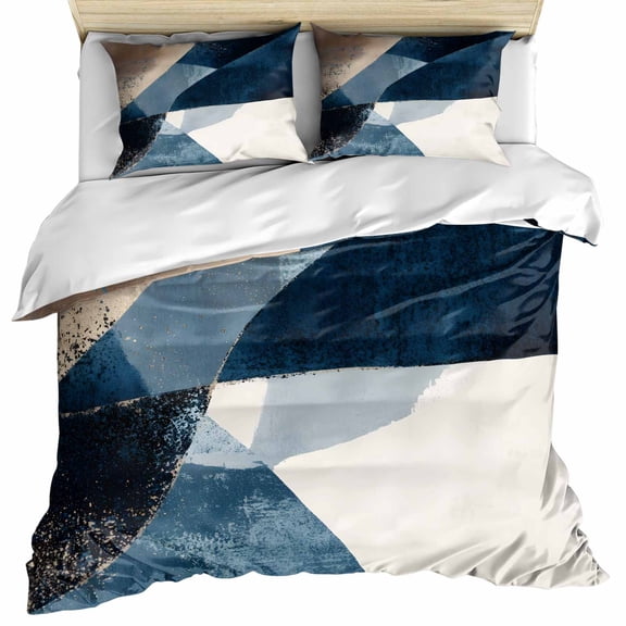 Navy Blue Brown Bedding 3 Piece Duvet Cover Set Queen Size, Modern Geometric Abstract Art Soft Microfiber Comforter Cover with Zipper Closure & Pillowcases, Wrinkle & FadeResistant Quilt Cover