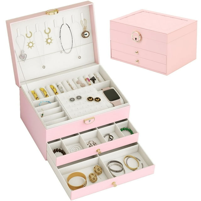 Caja de Almacenamiento, Cubo de Organizador de 3 Capas con Cerradura y llave, Organizador de Joyas para Guardar Pendientes, Anillos, Collares y Pulseras (PINK)
