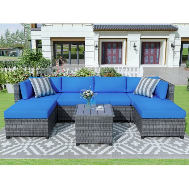 Rattan Wicker Sectional Sofa Set 7 Piece Outdoor Patio Furniture Sets Patio Set With 2 Ottoman Coffee Table Patio Conversation Sets For Backyard Lawn Porch Poolside Garden Blue Cushions W15133 Walmart Com Walmart Com