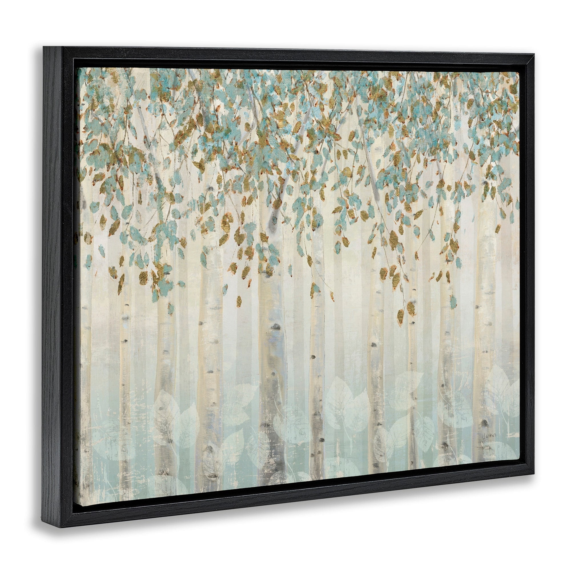 Stupell Industries Abstract Forest Leaves Trees Blue Tan Soft Painting Jet Black Framed Floating Canvas Wall Art, 16x20, by James Wiens
