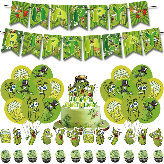 32 PCS For Pickle Birthday Party Decorations, With 1 Happy Birthday Banner Garland,18 Balloons,13 Cupcake Toppers for decorative supplies set