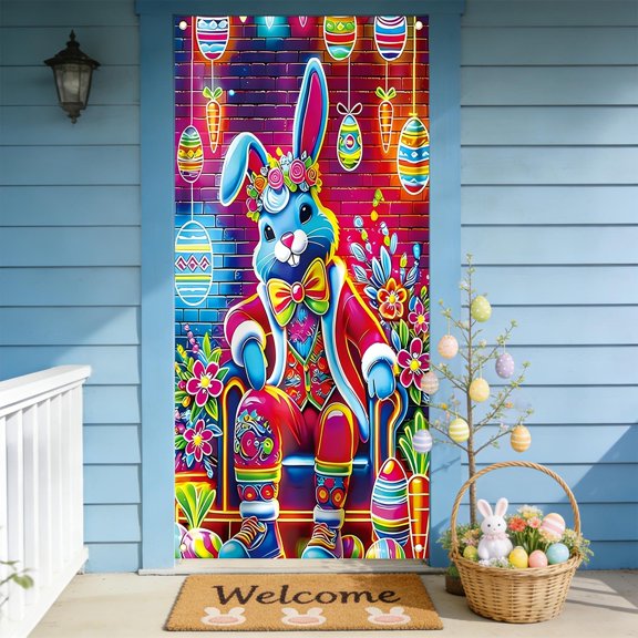 Kugisaki Happy Easter Door Cover Cute Rabbit Printed Welcome Door Banner Easter Spring Porch Outdoor Indoor Party Decoration 71x35 Inch