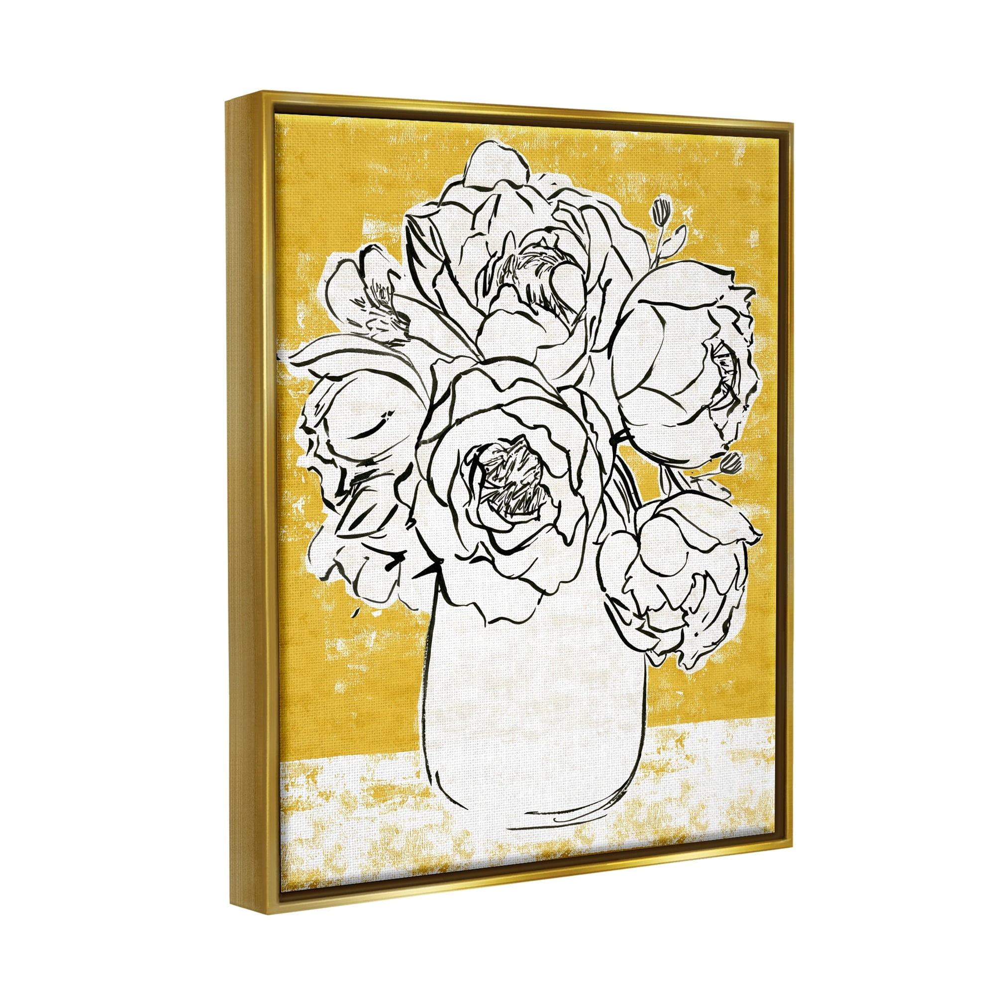 Stupell Industries Peony Sketch Bouquet Contrasted Distressed Yellow Metallic Gold Framed Floating Canvas Wall Art, 24x30, by Annie Warren