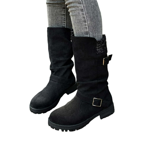 Slouchy Wide Mid Calf Cowboy Work Boots for Women Vintage Casual Suede Knit Round Toe Buckle Fall Slip on Riding Cowgirl Boots