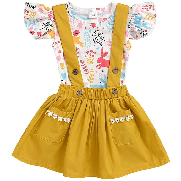 Sinhoon Toddler Baby Girls Easter Skirt Set Fly Sleeve Bunny Print Shirt Yellow Suspender Dress 2Pcs Outfits