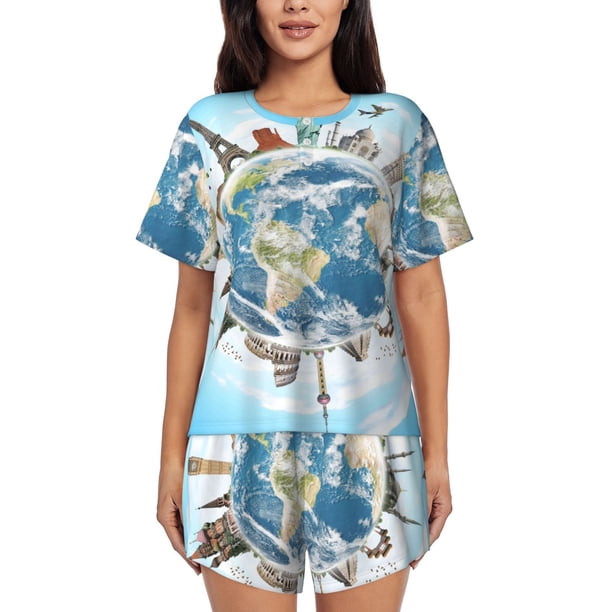 Fotbe World Travel Conjunto de Pijama Estampado para Mujer, 2 Piezas, Ropa de Dormir con Camiseta de Manga Corta y Shorts Suaves-XX-Large
