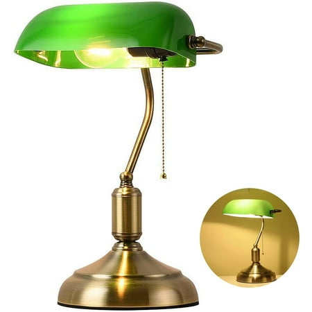 Glass Bankers Desk Lamp Traditional Banker With Emerald Green Shade Retro Office Light Brass Base Pull Chain Switch And Plug Fixing Device For Library Study Room Glass Bankers Desk Lamp Traditional, Vintage Green Desk Lamp Value